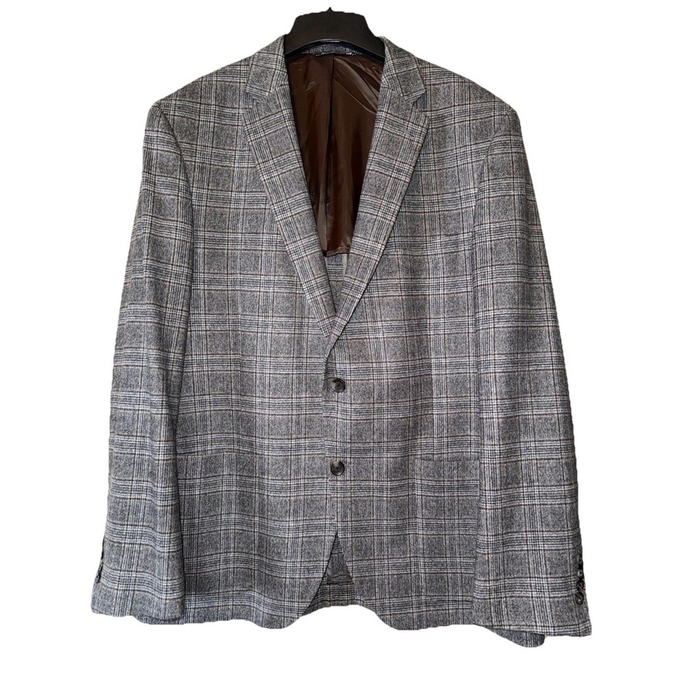 Jack Victor Sz 44R Sport Coat Plaid Gray Brown Blue Wool Blazer Italian Fabric